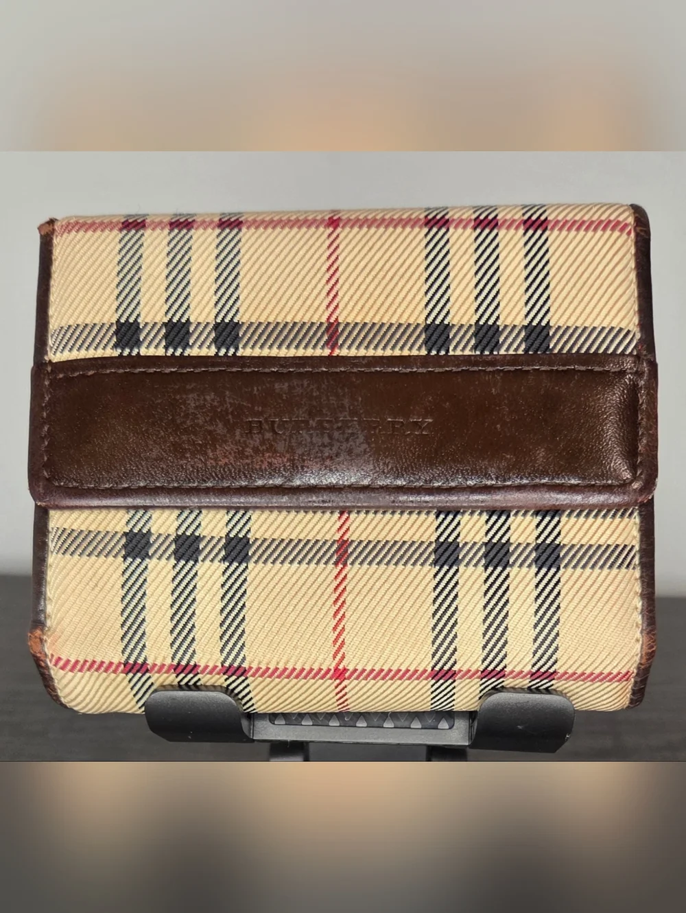 Vintage Burberry Nova Check Trifold Wallet Beige Canvas Brown Leather Authentic